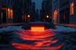 © LittleSeven - Heavy rainfall filling a city street, with a flood warning alert displayed, 3D illustration