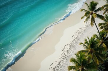 Top view of white sand beach with clear ocean waves on tropical island with palms.