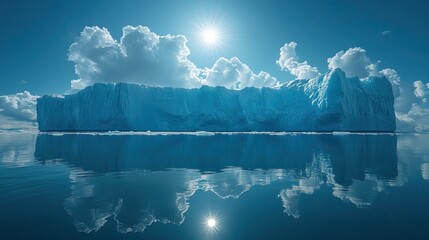 A group of icebergs floats in the ocean under the sun, symbolizing the melting polar ice and the effects of global warming.