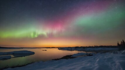 A cold, clear polar night sky with the faint glow of the sun on the horizon and a sky full of stars and aurora lights shimmering
