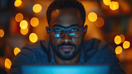 A male programmer works late on his laptop, coding and problem-solving in a tech-heavy office environment.