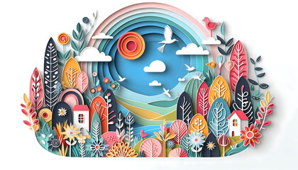 Colorful Paper Art Landscape with Nature Elements