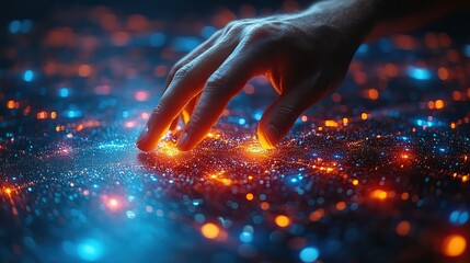 Wall Mural - a man touches a hologram of network nodes, visualizing online data management and workflow processin