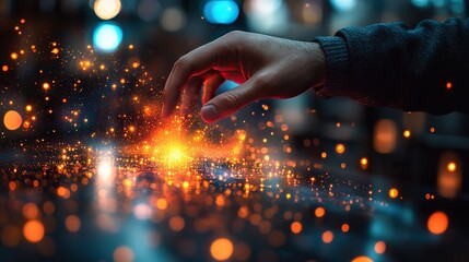 Wall Mural - a man touches a hologram of network nodes, visualizing online data management and workflow processin