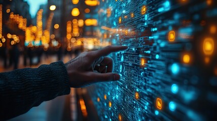 A man touches a screen to explore blockchain technology concepts in a modern digital setting.