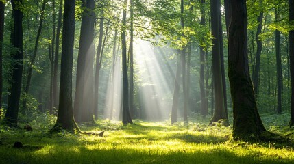 Wall Mural - sunbeams illuminate a misty forest path.