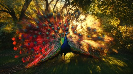 Wall Mural - Peacock Displaying Its Feathers in a Golden Light