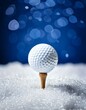 © Asunta - Winter golf background, golf ball on wooden tee in the snow in front of a dark blue snowy bokeh background, space for copy