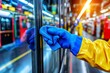 © Chananporn - Hand cleaning train window with blue cloth in blur background of colorful station.