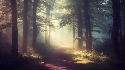Wall Mural - sunlight beams through a misty forest, illuminating a path.