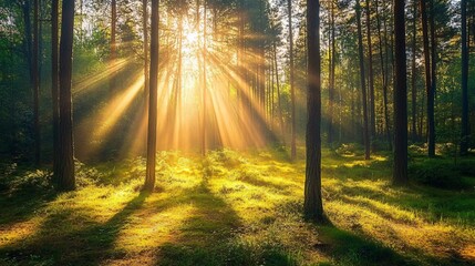 Wall Mural - sunlight shining through tall trees in a forest with green grass and leaves on the ground.