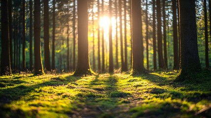 Wall Mural - sunlight streaming through the tall trees in a lush forest.