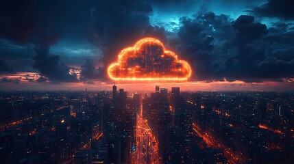 Wall Mural - a modern city at night paired with cloud computing technology, illustrating digital advancements.