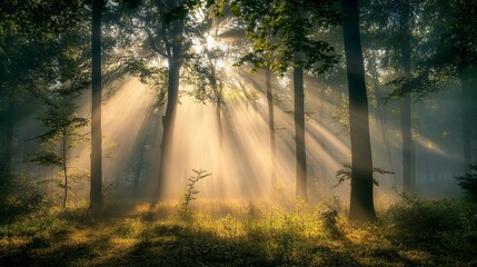 Wall Mural - sunlight streams through a dense forest, illuminating the misty air and creating a magical atmospher