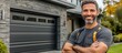 © MBRAMO - Smiling handyman standing in front of a garage door.