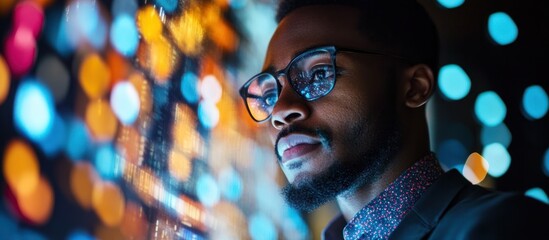 Wall Mural - Young man with a beard, wearing glasses and a jacket, looking at colorful lights in the background.