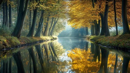 Wall Mural - tranquil autumn scene with a tree-lined canal reflecting the vibrant foliage in the water.
