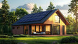 © Neural9 Project - A Modern Wooden House with Solar Panels on the Roof Surrounded by Trees in a Forest Setting