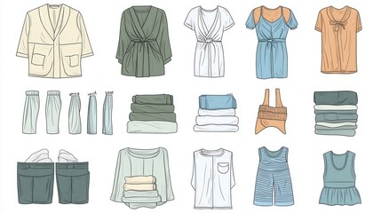 A vector illustration template showcasing a variety of sleepwear items, including bathrobes, pajamas, shorts, and tank tops. The design features clear outlines and labels for each item