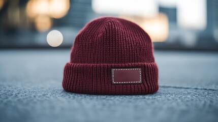 this thick red beanie showcases a textured weave pattern, positioned on a smooth concrete surface, h