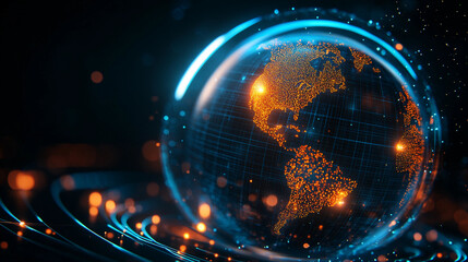A glowing globe with the United States and South America lit up. The globe is surrounded by a dark background