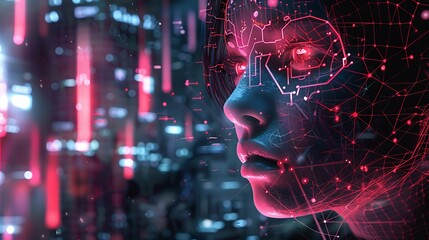 Wall Mural - cyberpunk woman with a digital overlay on her face, surrounded by a futuristic cityscape. the image 