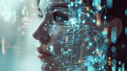 Wall Mural - woman's face with a digital overlay, showcasing a futuristic and technological concept.