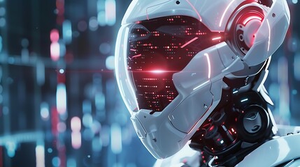 Wall Mural - Futuristic robot head with glowing red lights. The robot's face is hidden behind a white helmet, and the background is blurred and dark, suggesting a futuristic city.