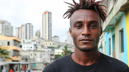 Wall Mural - A man with dreadlocks stands in front of a city skyline. He has a serious expression on his face