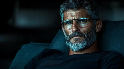 Poster - A man with glasses and a beard is sitting on a couch. He looks tired and is staring at the camera