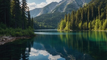 Naklejka na meble Deep blue lake surrounded by coniferous forests and mountains under a clear sky