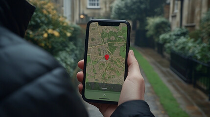 A person is holding a phone with a map app open. The phone is in their hand and the map is displayed on the screen