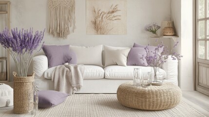 Aufkleber - A bright living room features a comfortable white sofa adorned with lavender pillows and a soft throw. Lavender flowers in woven baskets and a round coffee table create a calming atmosphere.