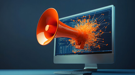 Wall Mural - Contemporary conceptual image of a computer monitor with a bright orange megaphone and digital network symbolizing communication