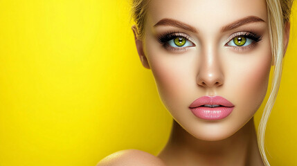 Wall Mural - A woman with green eyes and pink lips is standing in front of a yellow background. She has a bright and cheerful look on her face, which suggests that she is happy and confident