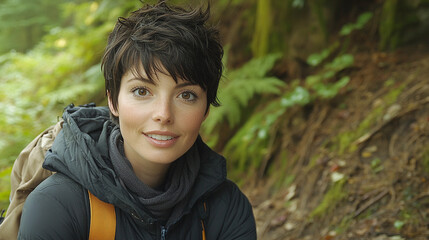 Canvas Print - A woman with short hair is smiling and wearing a black jacket. She is sitting on a hillside and has a backpack on her back