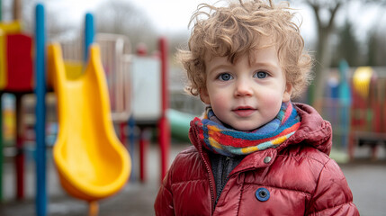 Wall Mural - A young child wearing a red jacket stands in front of a yellow slide. The child is smiling and he is enjoying the park