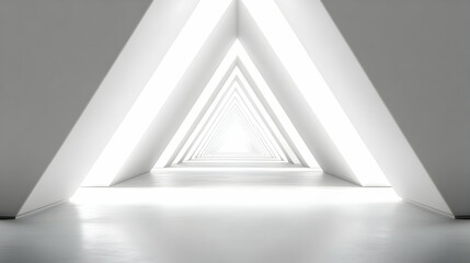 Abstract 3D Rendering of a White Triangular Corridor Leading to a Bright Light Source