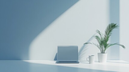 A serene, minimalistic workspace with a calming blue color scheme, featuring a neat desk with a laptop, a potted plant, and an empty coffee cup, set against a light, airy background. Include wide copy