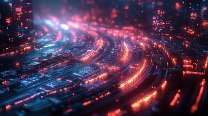 Wall Mural - a dark background featuring a neon-colored roadmap with technology-driven goals, depicting futuristi