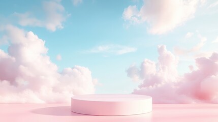 a pink cloud filled sky with a white circular stage in the middle