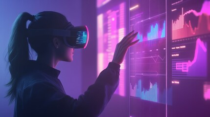 A woman wearing a VR headset interacts with a futuristic holographic interface displaying data and graphs.