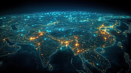 Wall Mural - a digital map of asia represents global network connections, highlighting business exchanges and tec