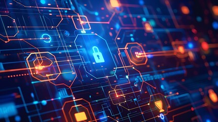 Wall Mural - abstract digital illustration depicting a secure digital network with a padlock icon as a key elemen