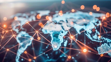 Wall Mural - global network connection is represented by glowing lines and dots over a map of the world, symboliz