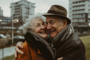 Wall Mural - Portrait of happy senior couple in city. They are hugging and smiling.