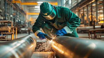 A worker wearing a green jumpsuit, helmet and gloves welds two large metal pipes in a factory.