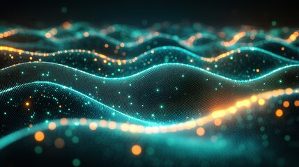 Wall Mural - a dynamic 3d wave background with green dots, illustrating futuristic flow technology for digital mu