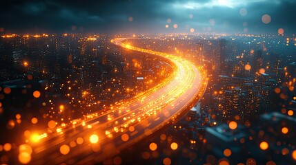 Wall Mural - a futuristic concept of a night shot from a height, illustrating a warp effect with digital town vis