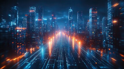Wall Mural - a futuristic concept of a night shot from a height, illustrating a warp effect with digital town vis